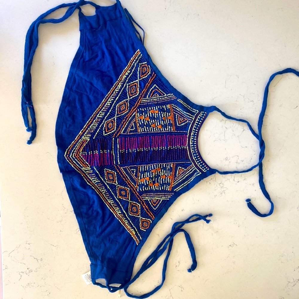 Open-back beaded Free People halter top. Size S/P cotton / linen